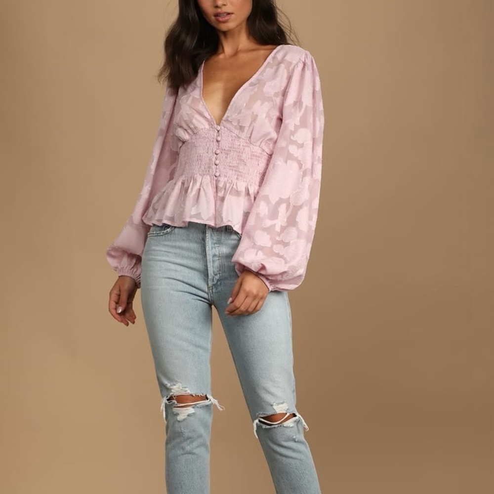 Lulu's Patio Date Floral Jacquard Button-Up Long Sleeve Top - Picture 3 of 11